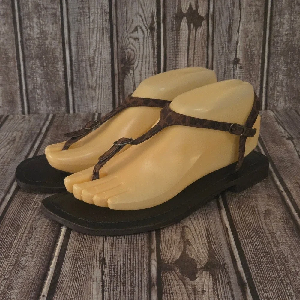 Sz 7.5 Women Free People Alina Brown Leopard Print T-Strap Thong Sandals VGUC! - Picture 6 of 10